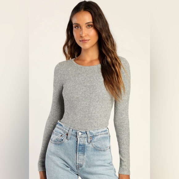 Lulus Tops - Lulu's Everyday Babe Heather Grey Ribbed Long Sleeve Cutout Bodysuit